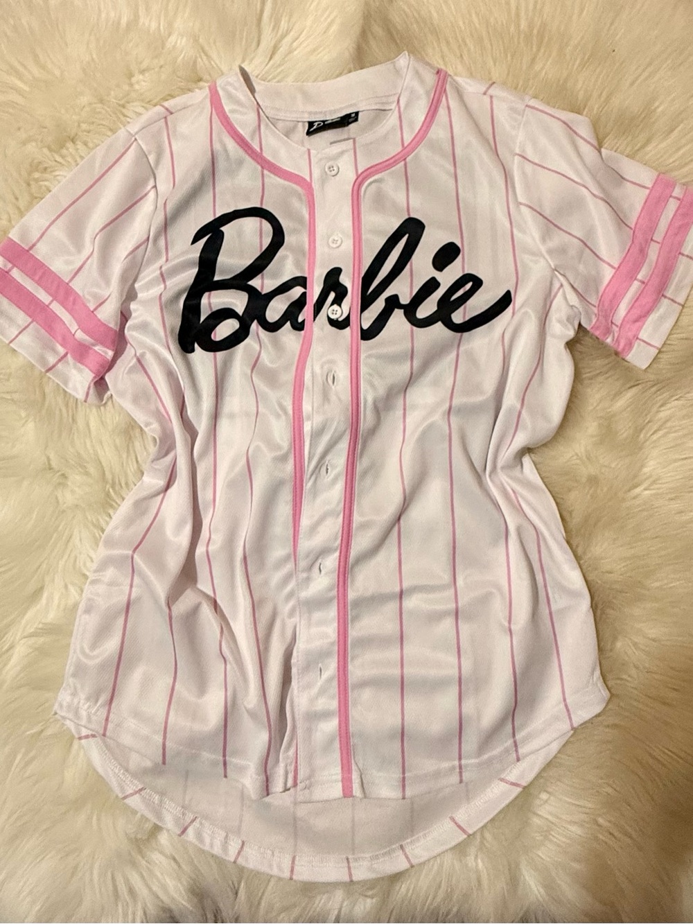 Barbie White Baseball Jersey with Pink Pinstripes and Black Logo